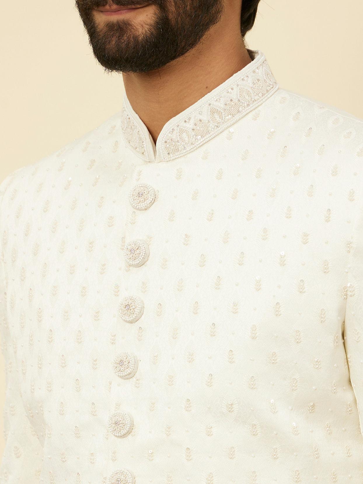 alt message - Manyavar Men Warm White Buta Patterned Sherwani Set image number 1